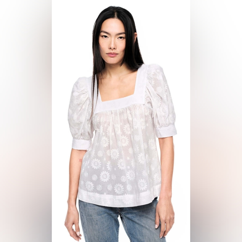 Smythe White Floral Embroidered Square Neck Puff Sleeve Top NWOT Size XS